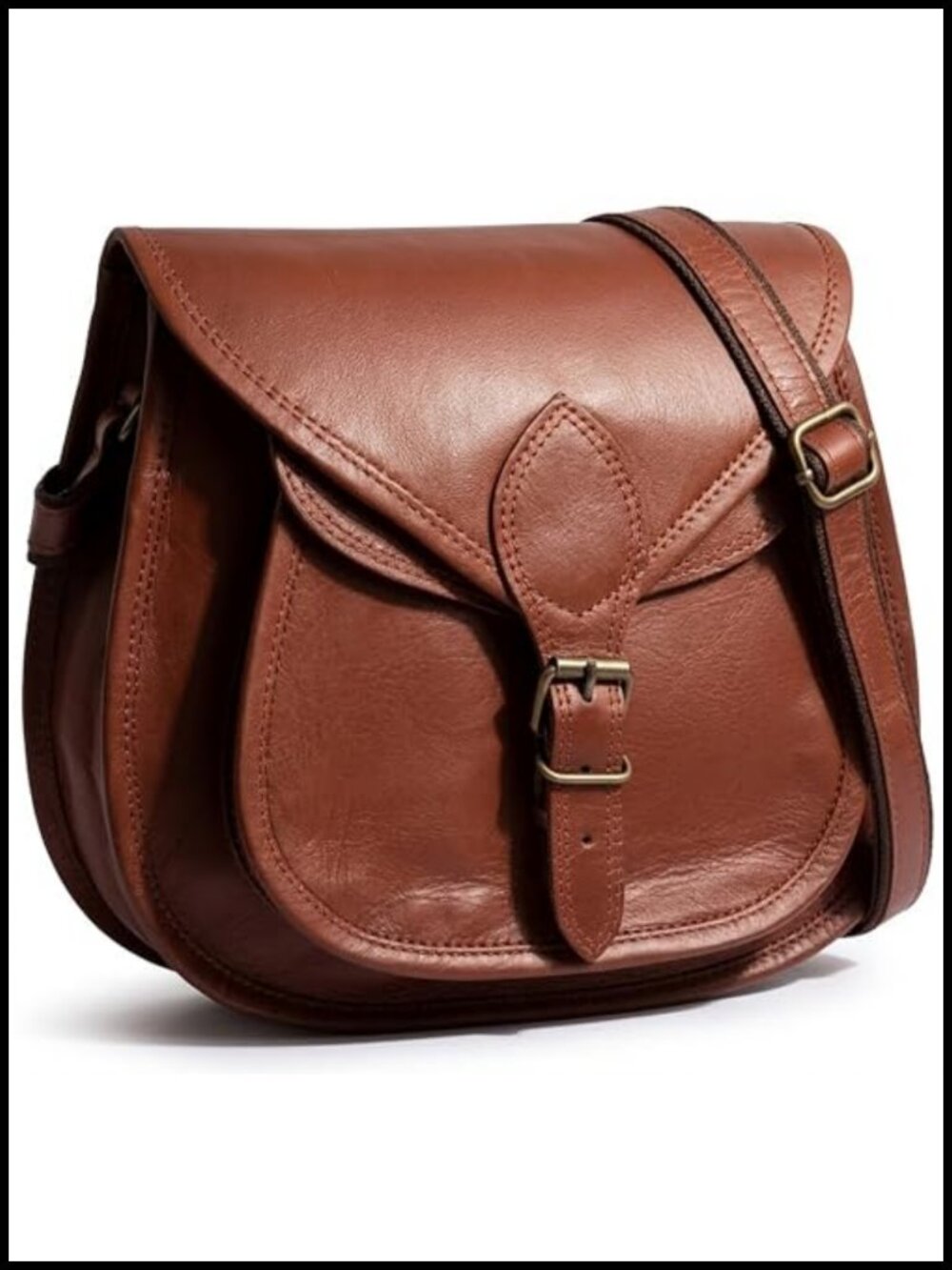 Full-Grain Goat Leather Crossbody Bag Vintage Satchel Travel Saddle Purse